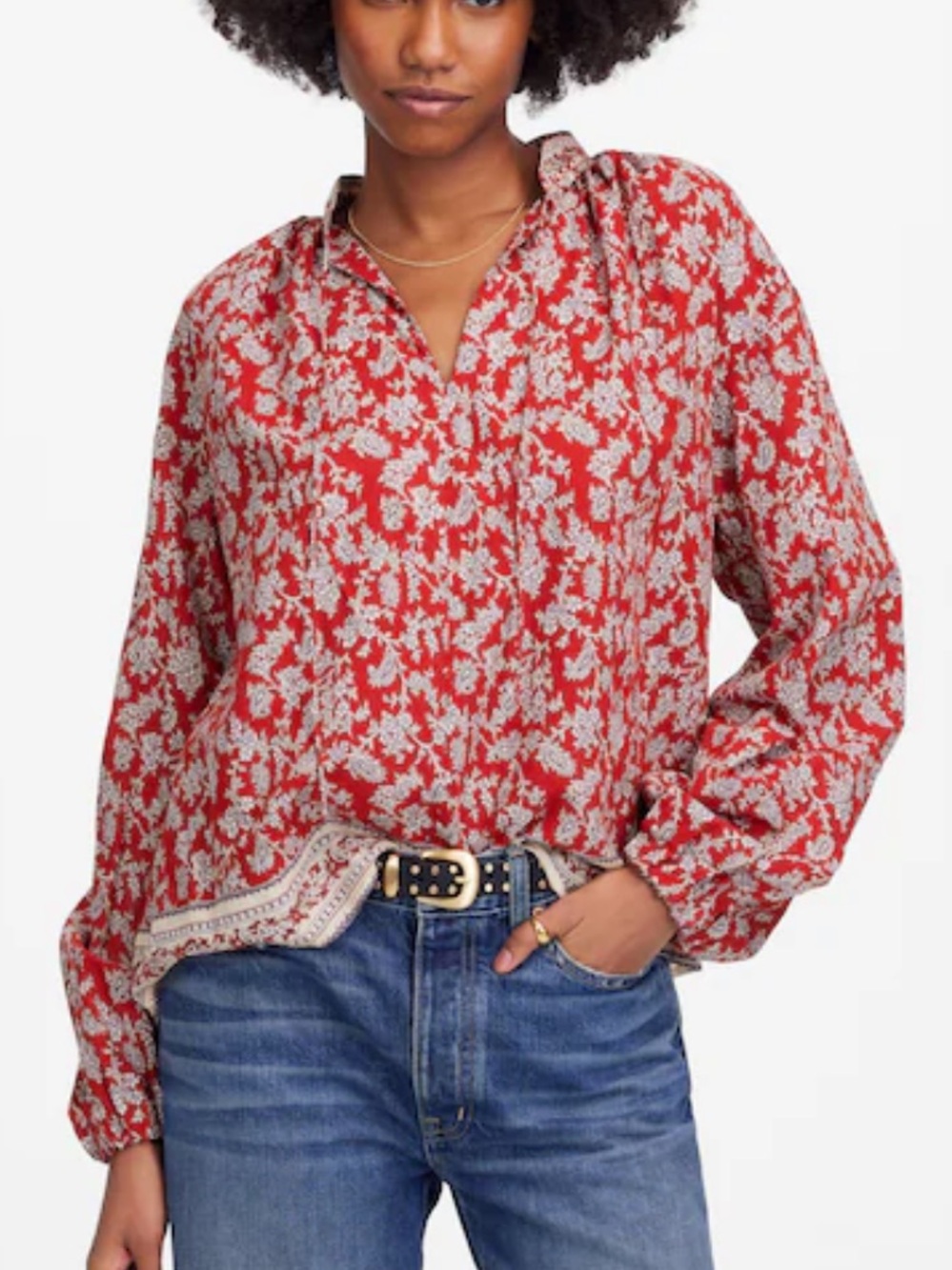 Madewell Shirred Long Sleeve Peasant Top Cotton Blend Floral Paisley Rust Medium